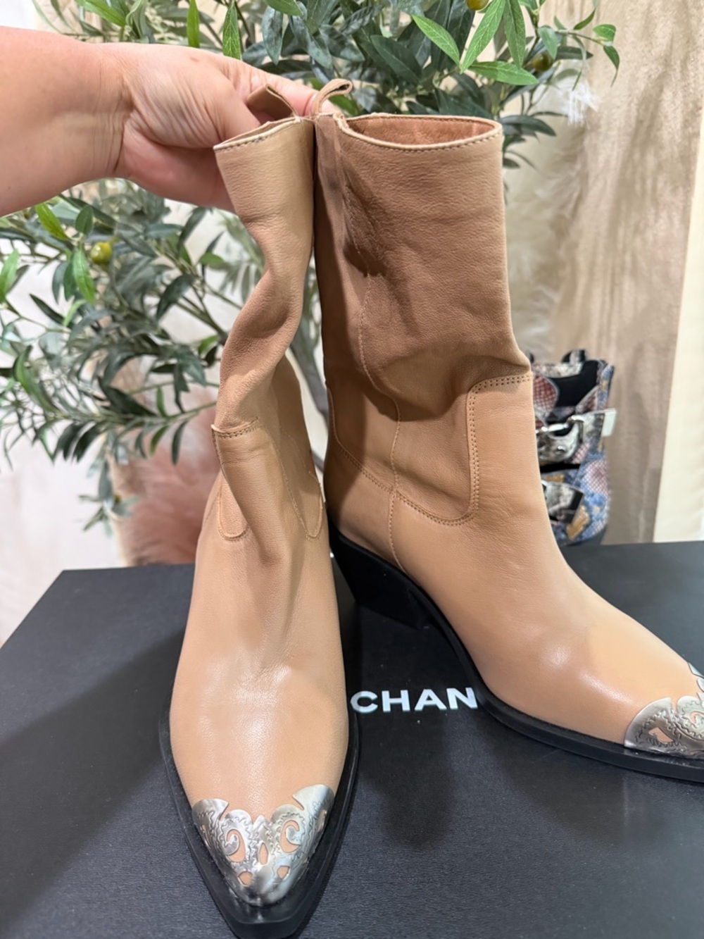 Free People Tan Leather Mid-Calf Heeled Boots with Silver Toe Caps